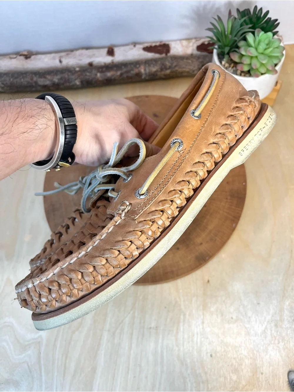 Sperry Gold Cup Tan Woven Leather Boat Shoes Size 9M Minty Clean